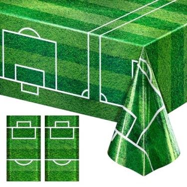 Imagem de Pacote com 2 toalhas de mesa de plástico para campo de futebol, 137 x 272 cm, capas de mesa descartáveis para estádio de grama verde, toalha de mesa retangular com tema de futebol para dia de jogo