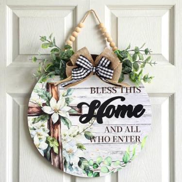 Imagem de AceOrbit Placa de boas-vindas para decoração de parede de madeira rústica Bless This Home and All Who Enter Decoração de parede cristã decoração de cerca cristã presente para primavera verão todas as
