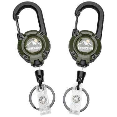 Imagem de pasezenn Chaveiro retrátil resistente, cordão de aço inoxidável de 70 cm, suporte de crachá retrátil, mosquetão para trabalho, verde ao ar livre, pacote com 2
