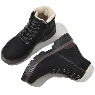 Imagem de FINIWOR Botas femininas de cano curto para caminhada, botas de combate femininas, com cadarço, botas de neve femininas, botas de inverno de pele à prova d'água, botas pretas., Preto, 38