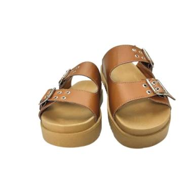 Imagem de Papete Feminina Plataforma em Couro Sintético, Chinelo Moderno com Tira Larga Salto 4 cm Plataforma Antiderrapante Peep Toe Slip On Casual e Festa Cores Versáteis (Caramelo, BR, Adulto, Numérico, 37)