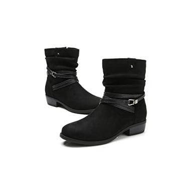 Imagem de VJH confort Feminino Bota de Cano Médio, Bico Redondo, Salto Baixo, Confortável, Bota Desleixada com Zíper Lateral e Alça de Fivela (Preto, 9,5)