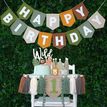 Imagem de DCJHFJ Wild One Banner para cadeira alta marrom verde feltro feliz aniversário banner selva safári decorações de festa de aniversário para 1º menino festa pano de fundo