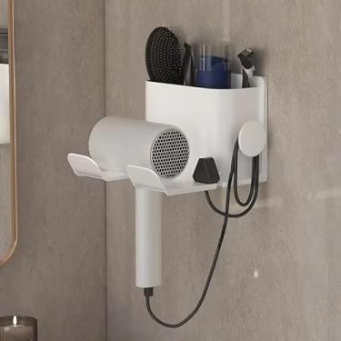 Imagem de 1 suporte de secador de cabelo montado na parede com armazenamento, para prateleiras de banheiro sem perfuração, rack de armazenamento de secador de cabelo, branco