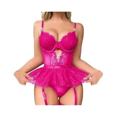 Imagem de Conjunto De Lingerie Sexy Com Sutiã Transparente De Renda E Cinta-Liga