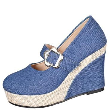 Imagem de Moda feminina plus size item de verão plus size cor sólida fivela tira salto alto impermeável casual boca rasa salto inclinado sapatos para outono e inverno, Azul royal, 34