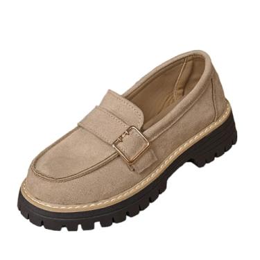 Imagem de Mocassins femininos casuais plataforma, salto grosso, estilo britânico, retrô, moderno, camurça, confortável, Caqui, 36