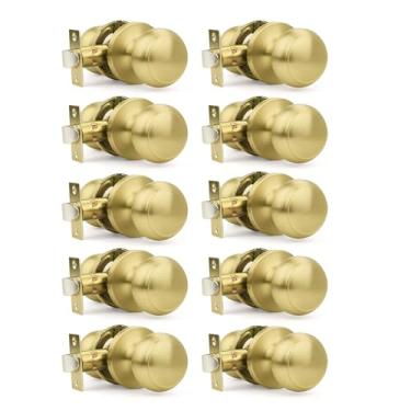 Imagem de Orger Pacote com 10 maçanetas de porta de passagem de latão escovado, maçanetas clássicas de cobre de forma redonda com design moderno sem chave para armário e corredores