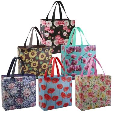 Imagem de BeeGreen Sacolas de compras reutilizáveis de flores para mantimentos pacote com 6 - sacolas grandes dobráveis - alças fortes para mantimentos pesados, perfeitas para supermercado, mercado de