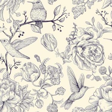 Imagem de CHIHUT Papel de parede floral roxo de 45 cm x 1,27 m papel de parede de vinil botânico vintage autoadesivo removível papel de parede de pássaro mural peônia papel de contato floral para armários berçário quarto paredes