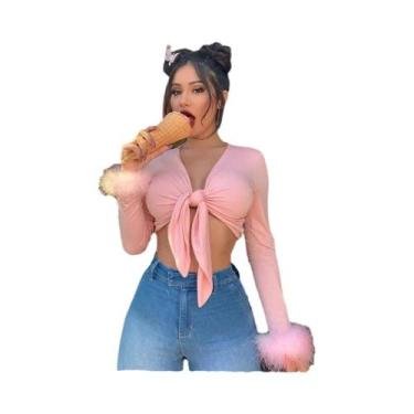 Imagem de Top Cropped De Manga Longa Com Decote Em V De Pelúcia Para Outono Inve