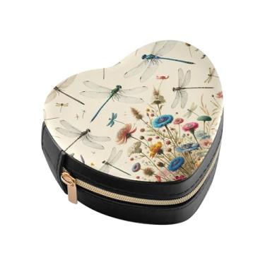 Imagem de Burbuja Caixa de joias em forma de coração com flores de libélula, mini estojo de viagem para mulheres e meninas, organizador portátil de armazenamento para brincos, anéis, colares e pulseiras