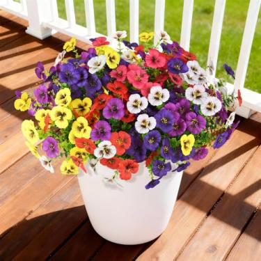 Imagem de Flores artificiais falsas de amor-perfeito para decoração de primavera ao ar livre, 12 pacotes de amores-perfeitos de seda realista com haste de eucalipto, plantas falsas, resistentes a UV, para