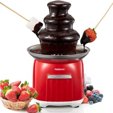 Imagem de Reemix Máquina elétrica de fondue de chocolate – Fonte em cascata de aço inoxidável de 3 camadas, fácil montagem e limpeza, máquina de sobremesa para festa/casamento/casa, vermelha