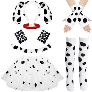 Imagem de kawaarashi Kits de acessórios de fantasia de dálmata para mulheres, 10 peças, orelhas de dálmata, nariz, cauda, gargantilha de veludo, luvas pretas de bolinhas, meia-calça, saia tutu, 2 adesivos para