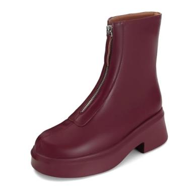 Imagem de ZJGZF Bota feminina plataforma de couro Chelsea bota salto bloco bico redondo botas de combate curtas confortável zíper inverno neve bota casual sobremesa, Borgonha, 40