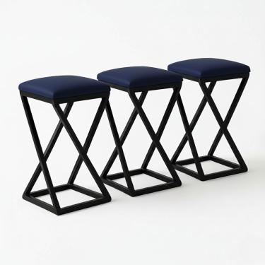 Imagem de Kit 3 Banco Banqueta 80 Cm Alta Bancada Ferro Bistrô Corino Cor:azul Marinho