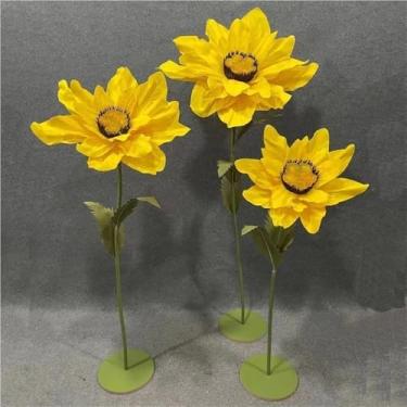 Imagem de Girassóis artificiais grandes - 3 peças de flores artificiais com hastes para decoração de casa, casamento, jardim e adereços fotográficos - Decorações de girassol gigante