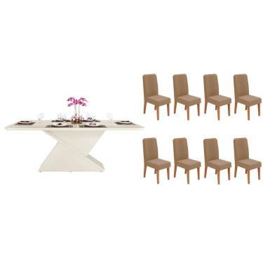 Imagem de Conjunto: Mesa Sala Jantar Zafira c/ Tampo Madeirado c/ Vidro Curvo 200x100cm e 8 Cadeiras Lia Off White - Freijo/Linho Bege - DJ Móveis