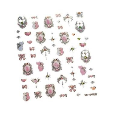 Imagem de Adesivos De Unha 5D Retrô Preto E Branco Com Laço De Renda E Urso Fofo