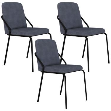 Imagem de Kit 03 Cadeiras Estofada Para Sala De Jantar Loft Preto C01 Bouclê Nuvem - Lyam Decor