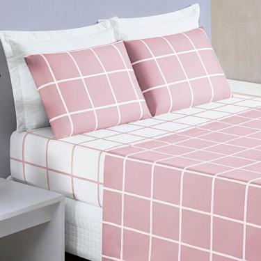 Imagem de Jogo Cama Lençol Brooklyn Casal Quadriculado Micropercal 200 Fios 4 Peças - Rosa