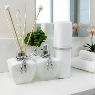 Imagem de Kit Para Lavabo Jogo Banheiro Difusor Porta Sabonete Líquido e Escovas