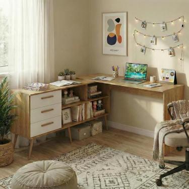 Imagem de Escrivaninha De Estudos Em L Com 3 Gavetas Porto Multimóveis Mp6045 Madeirado/branco