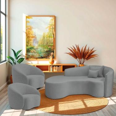 Imagem de Kit Recamier Curvo Sala De Estar Inglaterra 180cm Lado Esquerdo E 2 Poltronas Orgânica Luxo Amore Bouclé Cinza
