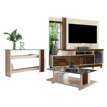 Imagem de Estante Home Theater com Rodízios e Aparador com Mesa de Centro Frizz Plus Off White Savana – Madetec