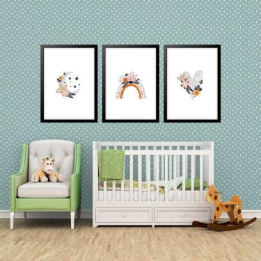 Imagem de Kit 3 Quadros Grandes Quarto Infantil Flores 60x48cm