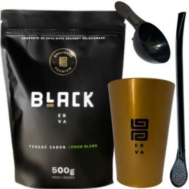 Imagem de Kit Tereré Black Erva Mate Copo Caldereta Dourado Bomba Clássica Preta