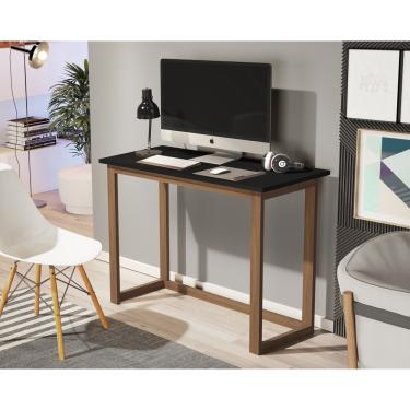 Imagem de Mesa estudo compacta para quarto preto com pés em madeira natural.