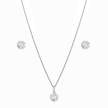 Imagem de Conjunto Corrente Colar Gargantilha 40cm Brinco Ponto Luz Feminino Prata 925