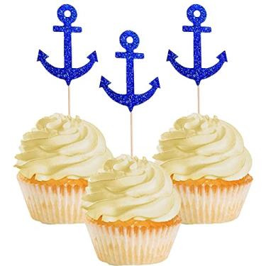 Imagem de 24 peças decorações de cupcake âncora tema náutico toppers de cupcake palhetas de comida frutas para tema náutico marinho festa oceano chá de bebê aniversário decorações de festa de casamento