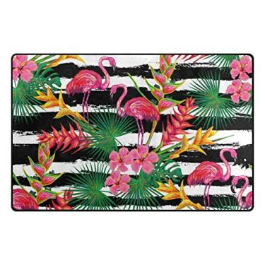 Imagem de ALAZA Tapete Tropical Flamingo Folhas de palmeira Flores Listrado 91 cm x 1,5 m, Sala de Estar Quarto Cozinha Decorativo Leve Espuma Impresso Tapete