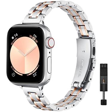 Imagem de STIROLL Pulseira de substituição fina compatível com Apple Watch Ultra SE séries 9, 8, 7, 6, 5, 4, 3, 2 e 1 de 38 mm, 40 mm, 41 mm e 42 mm (série 11 10), prata e ouro rosa