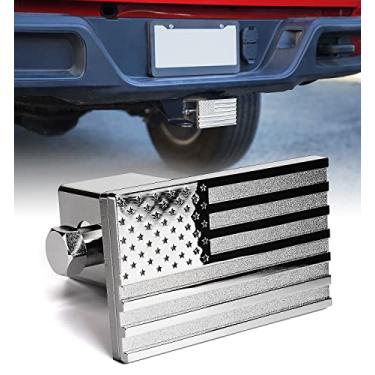 Imagem de Xprite Capa de engate de reboque de alumínio, tampas de plugue de receptores traseiros de reboque de 5 cm, protetor de emblema de metal com bandeira americana dos EUA para caminhões carros SUV - prata