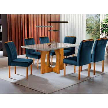 Imagem de Conjunto Sala de Jantar 6 Lugares Mesa Barcelona e 6 Cadeiras Azul Turquesa Escuro