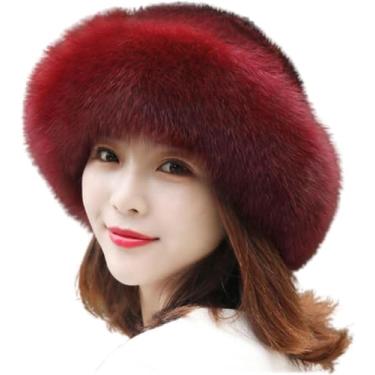 Imagem de Moda doce e bonito quente grosso chapéu de pescador chapéu de bacia, chapéu peludo de inverno feminino, chapéus de pele sintética/937 (Color : Red Wine, Size : One Size)