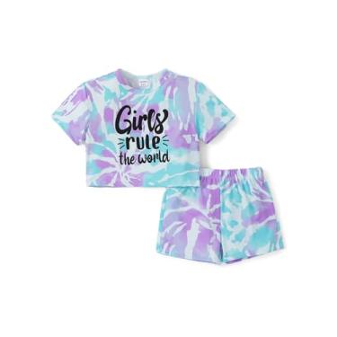 Imagem de PATPAT Conjunto de 2 peças tie dye, camiseta cropped de verão para meninas, 3 a 12 anos, Roxo moderno, 9-10Years