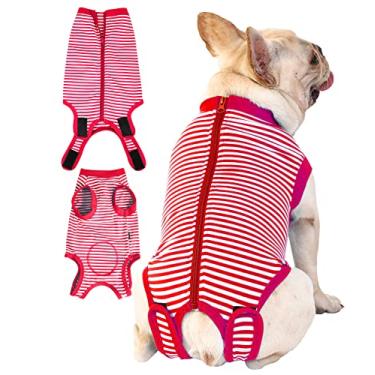 Imagem de SyChien Terno de recuperação vermelho para cães para grandes spays, terno de cirurgia para cães machos, estreito vermelho-branco G