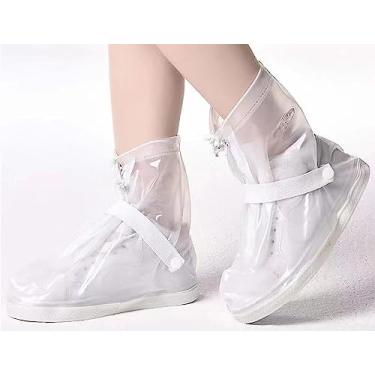 Imagem de VBoo Capas de sapato com zíper versão de sola rígida capas impermeáveis para sapatos galochas reutilizáveis para chuva e neve ao ar livre jardim etc, botas de chuva para homens mulheres criança (5GG, branco)
