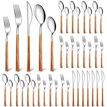 Imagem de Coume Conjunto de talheres de aço inoxidável com cabo de madeira de 40 peças com cabo de imitação de grão de madeira, espelho prateado, polido, lavável na lava-louças, para utensílios domésticos
