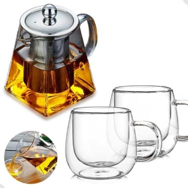 Imagem de Conjunto de Chaleira e Bules de Vidro, 550ml, Resistente ao Calor, com 2 Xícaras de Parede Dupla de 250ml