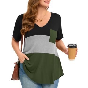 Imagem de MONNURO Camisetas femininas plus size de manga curta com cores contrastantes, casuais, verão, caimento solto, com bolso, Preto-cinza-verde-exército, 2X