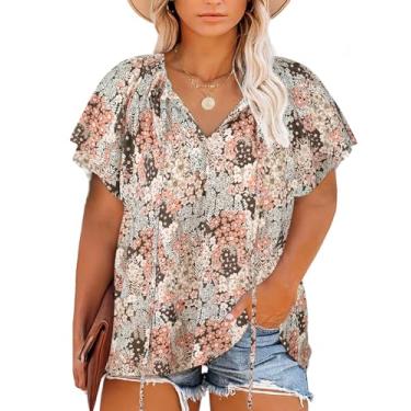 Imagem de Halife Blusas femininas plus size boho estampa floral gola V casual verão blusas camisas, B Cáqui, XXG