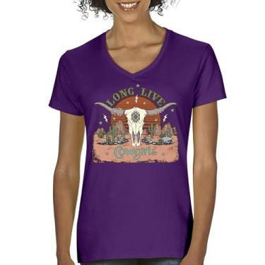 Imagem de Camiseta feminina Long Live Cowgirl gola V Vintage Country Girl Western Rodeo Ranch Blessed and Lucky American Southwest, Roxa, P