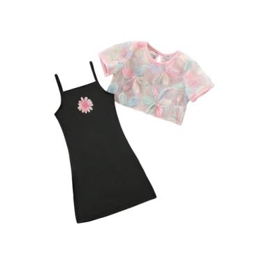Imagem de SOLY HUX Conjunto de 2 peças para meninas pequenas, camisetas de malha de manga curta e minivestido floral, Preto Multi, 7Y