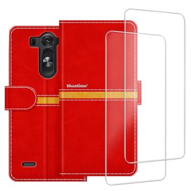 Imagem de ESACMOT Capa de celular compatível com LG G3S + [2 unidades] película protetora de tela de vidro, capa protetora magnética de couro premium para LG G3 Beat (5 polegadas) vermelha